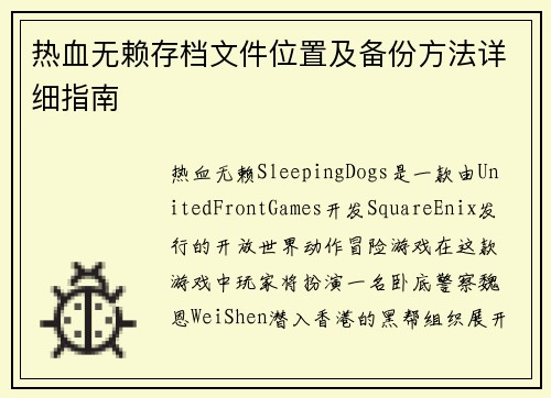热血无赖存档文件位置及备份方法详细指南